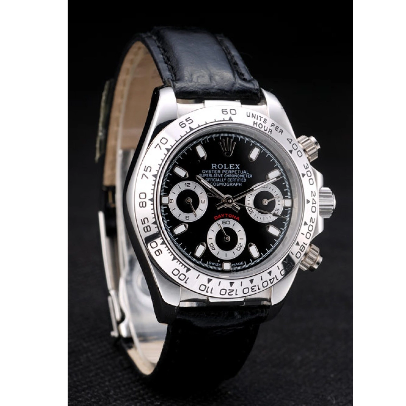 Aaa replica watch Dial Daytona Black Stainless Rolex Lady Strap Tachymeter Steel Case Black Leather 0730